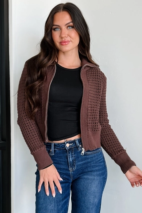 Whispered Words Zip-Up Sweater Jacket (Chocolate) Fade Resistant Coating Adjustable Hem Cuff