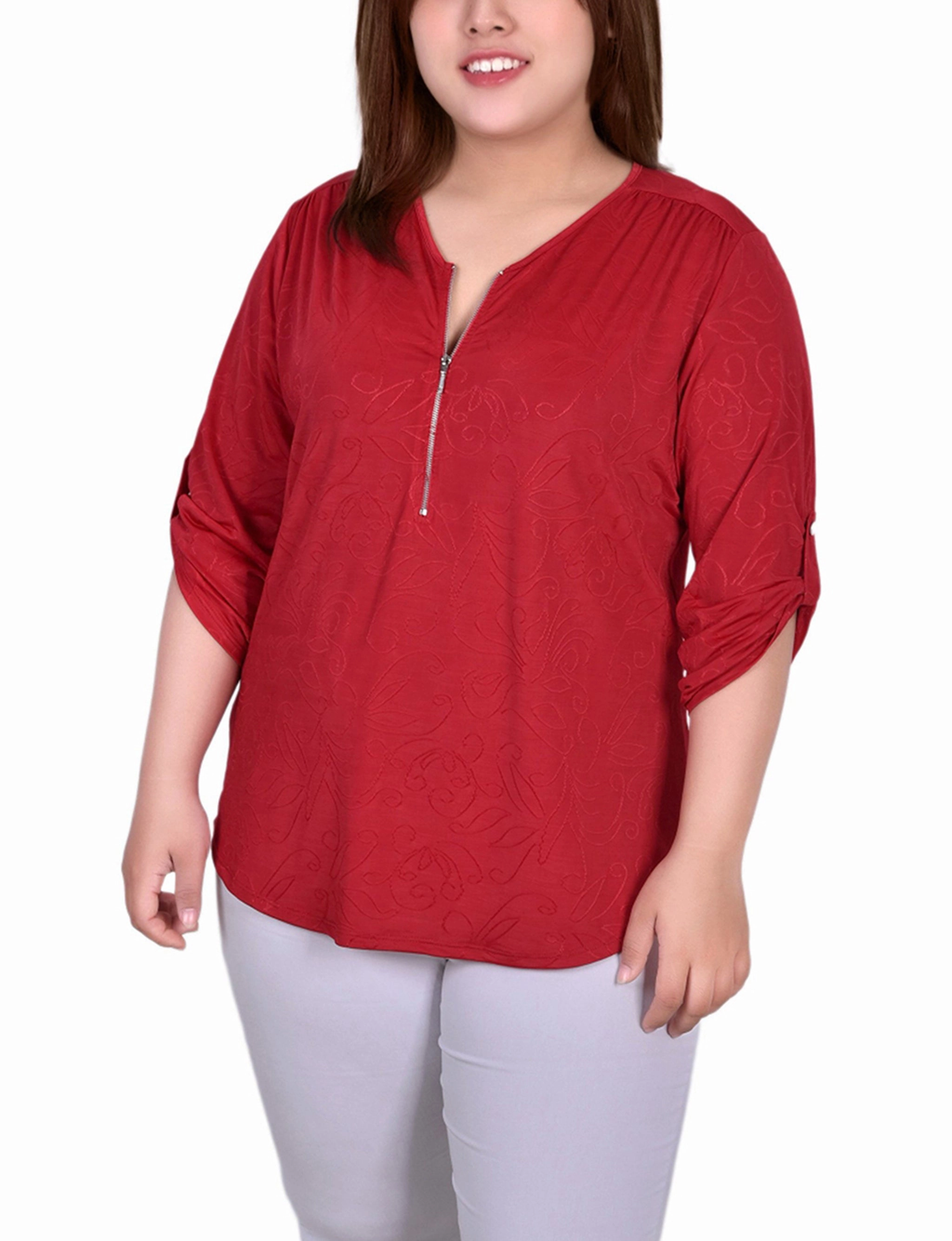 Tagless Design Plus Size 3/4 Roll Tab Zip Front Jacquard Knit Top