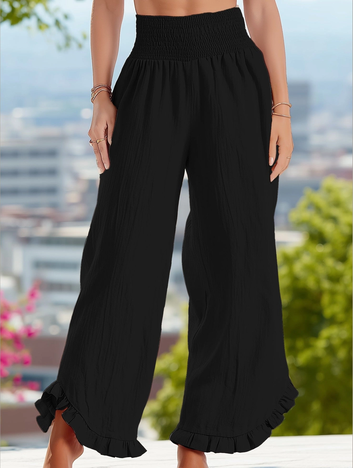 Smocked Waist Ruffled Wide-Leg Pants ??Casual High-Rise Flowy Trousers Cozy Casual Core Comfort