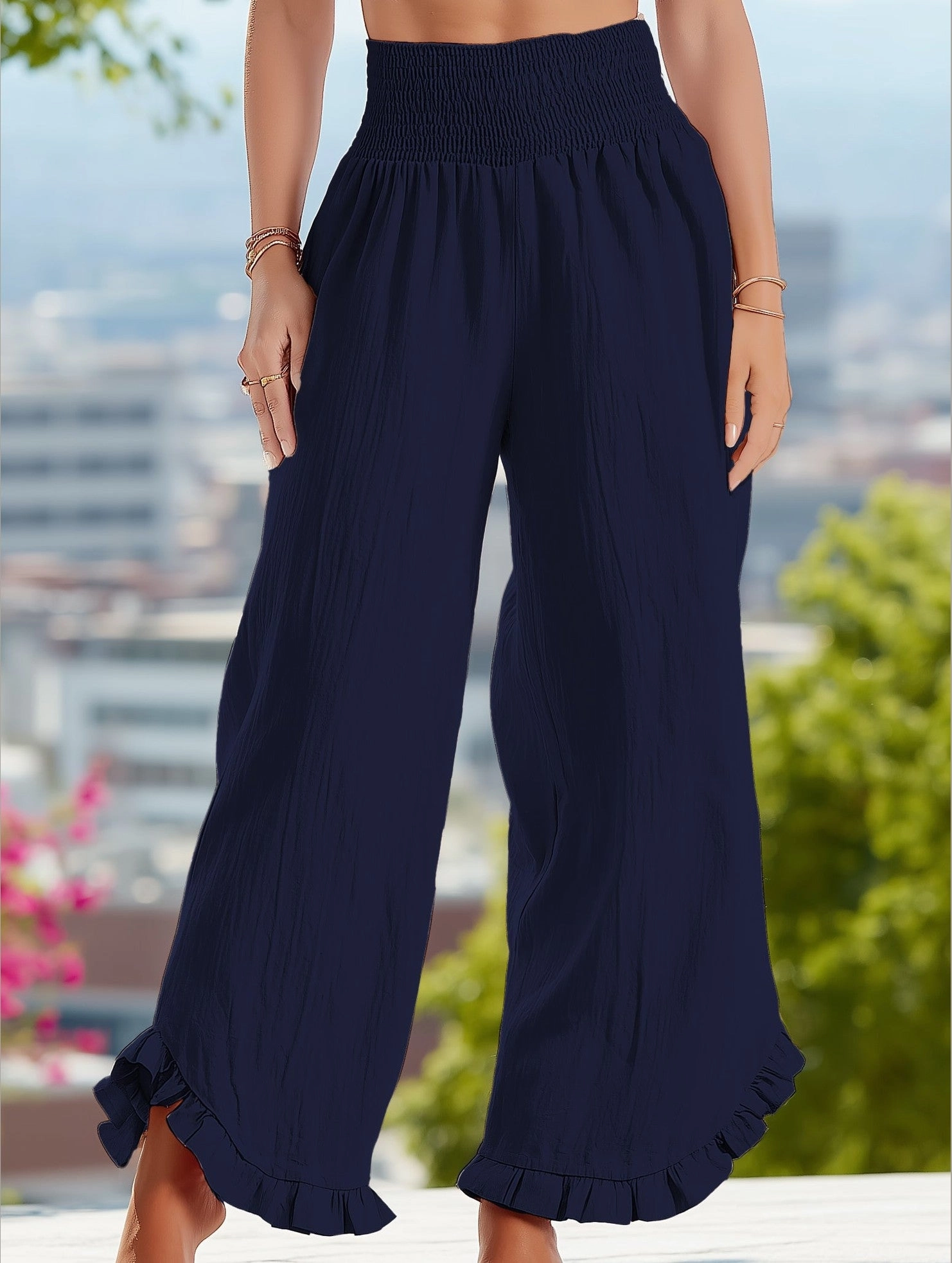 Smocked Waist Ruffled Wide-Leg Pants ??Casual High-Rise Flowy Trousers Layering Comfort