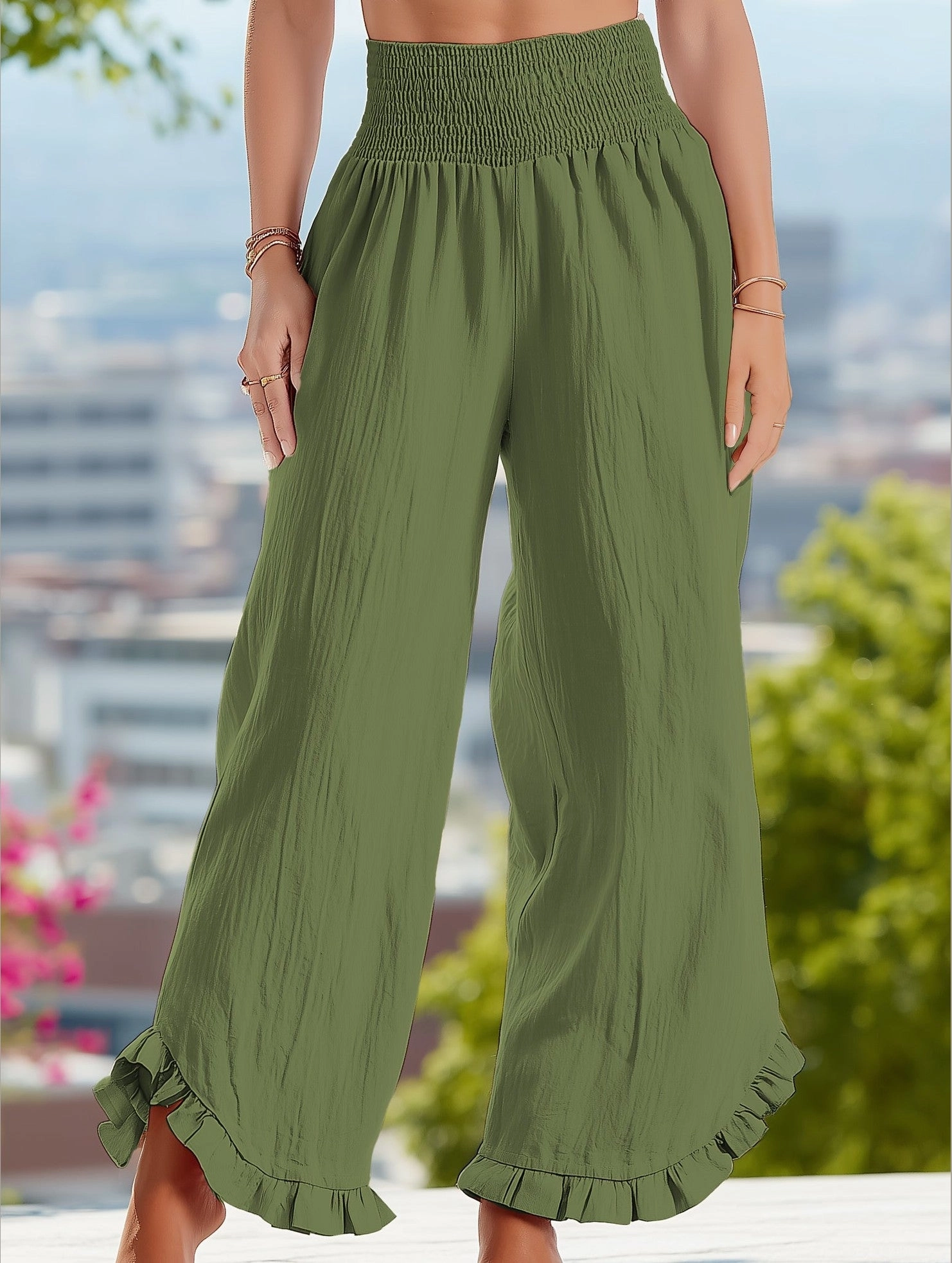 Breath Friendly QuickReleaseBuckle Smocked Waist Ruffled Wide-Leg Pants ??Casual High-Rise Flowy Trousers