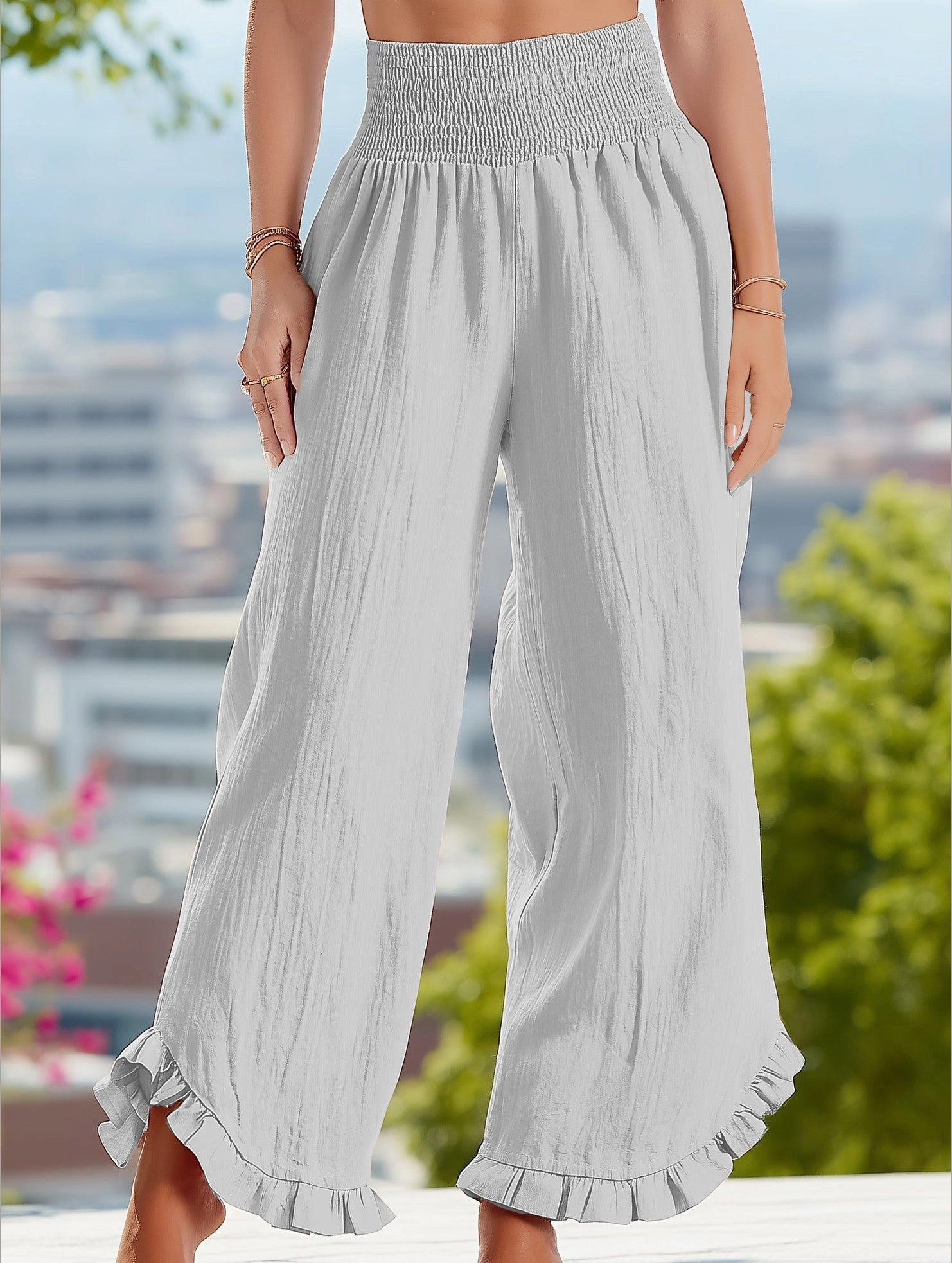 Smocked Waist Ruffled Wide-Leg Pants ??Casual High-Rise Flowy Trousers Flexible Performance