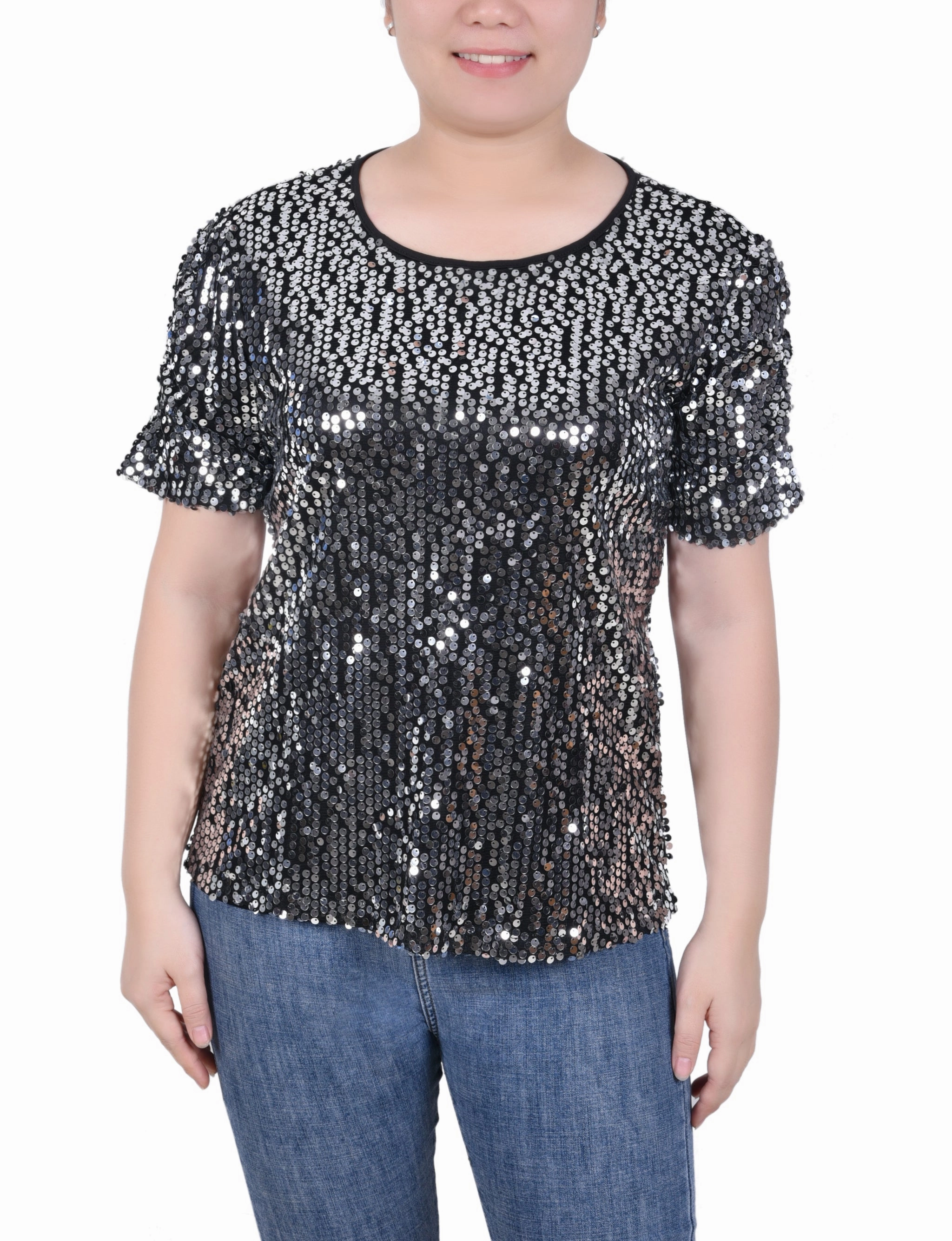 Fitted Design Petite Short Sleeve Sequined Top