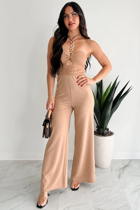 Sheer Ferocity Chain Strap Cutout Jumpsuit (Taupe) Hydrophobic Threadwork