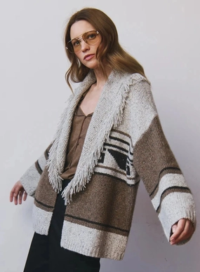 Southwest Fringed Shawl Collar Throw Brownie/Neutral Timeless Cut AllClimateAdaptive