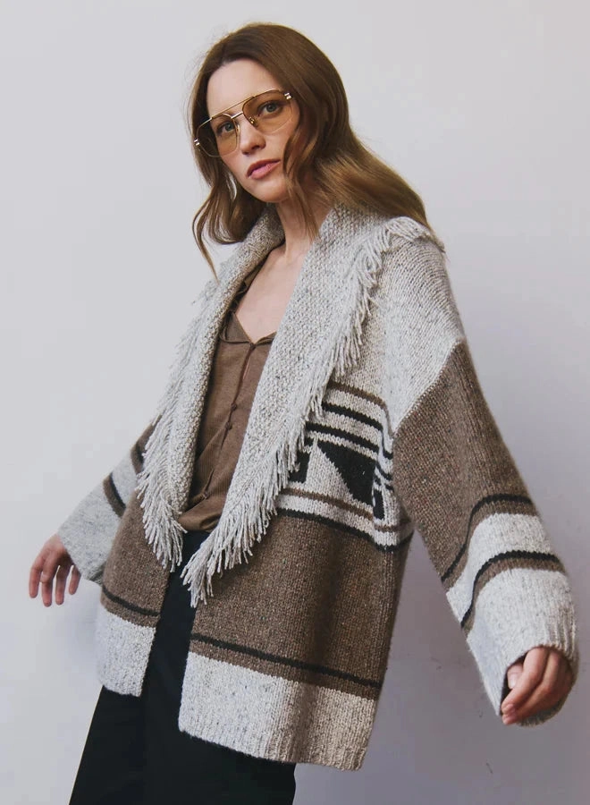 Southwest Fringed Shawl Collar Throw Brownie/Neutral Timeless Cut AllClimateAdaptive