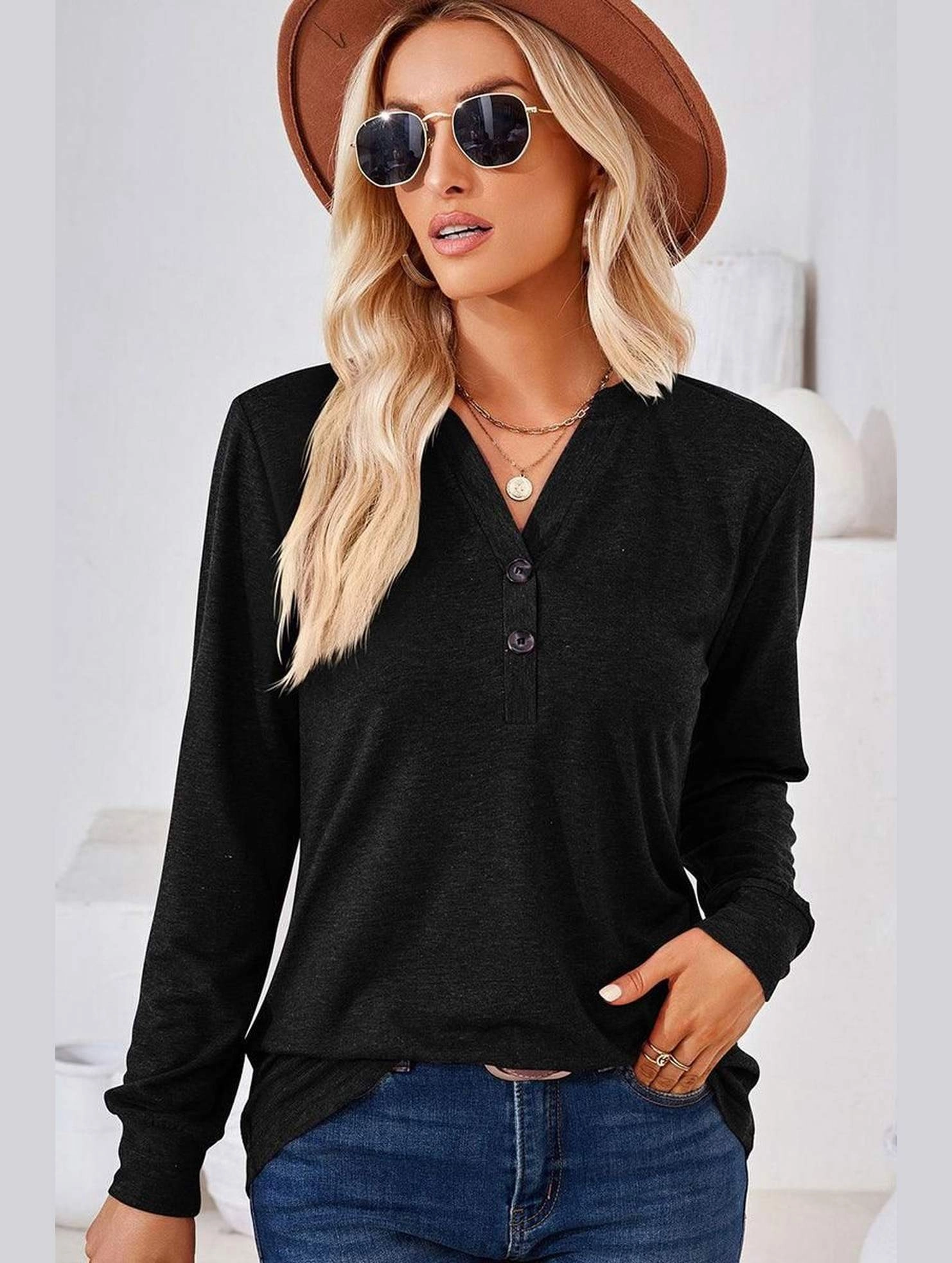 ReinforcedHem WOMEN BUTTONED V NECK RIB SLEEVE CASUAL TEE