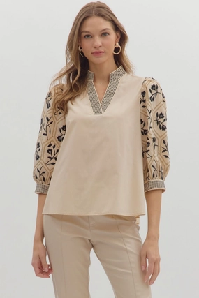 Emmeline Embroidered Sleeve Top Ribbed Neckline Cool Weather