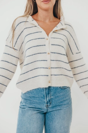 Bellevue Cardigan Top in Ivory Navy RibbedHemline