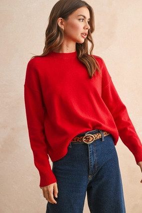 Stretchable Waistband Casual Jacket Brielle Crew Neck Sweater in Red
