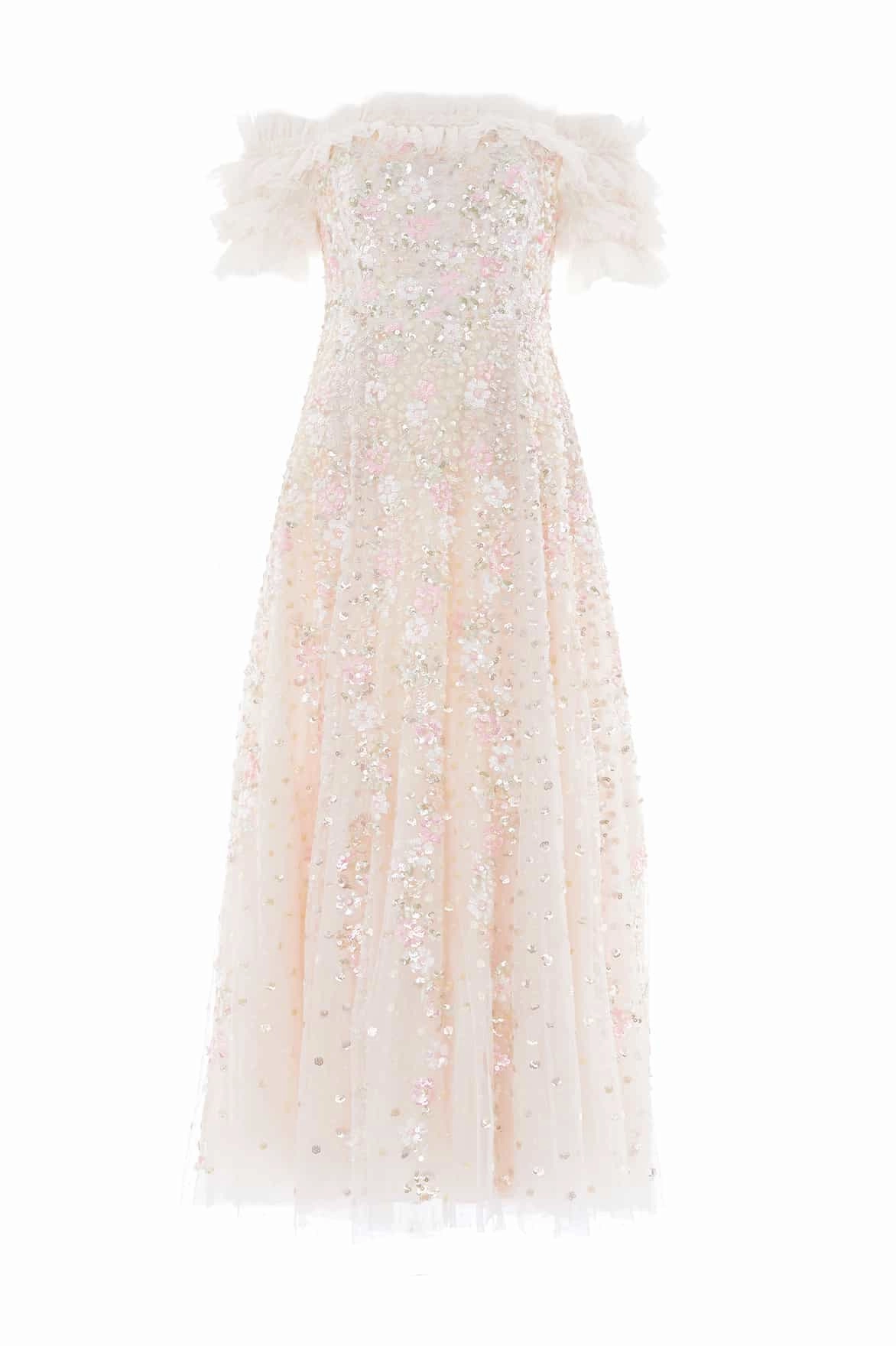 Lace Fine Confetti Ruffle Off-Shoulder Ankle Gown