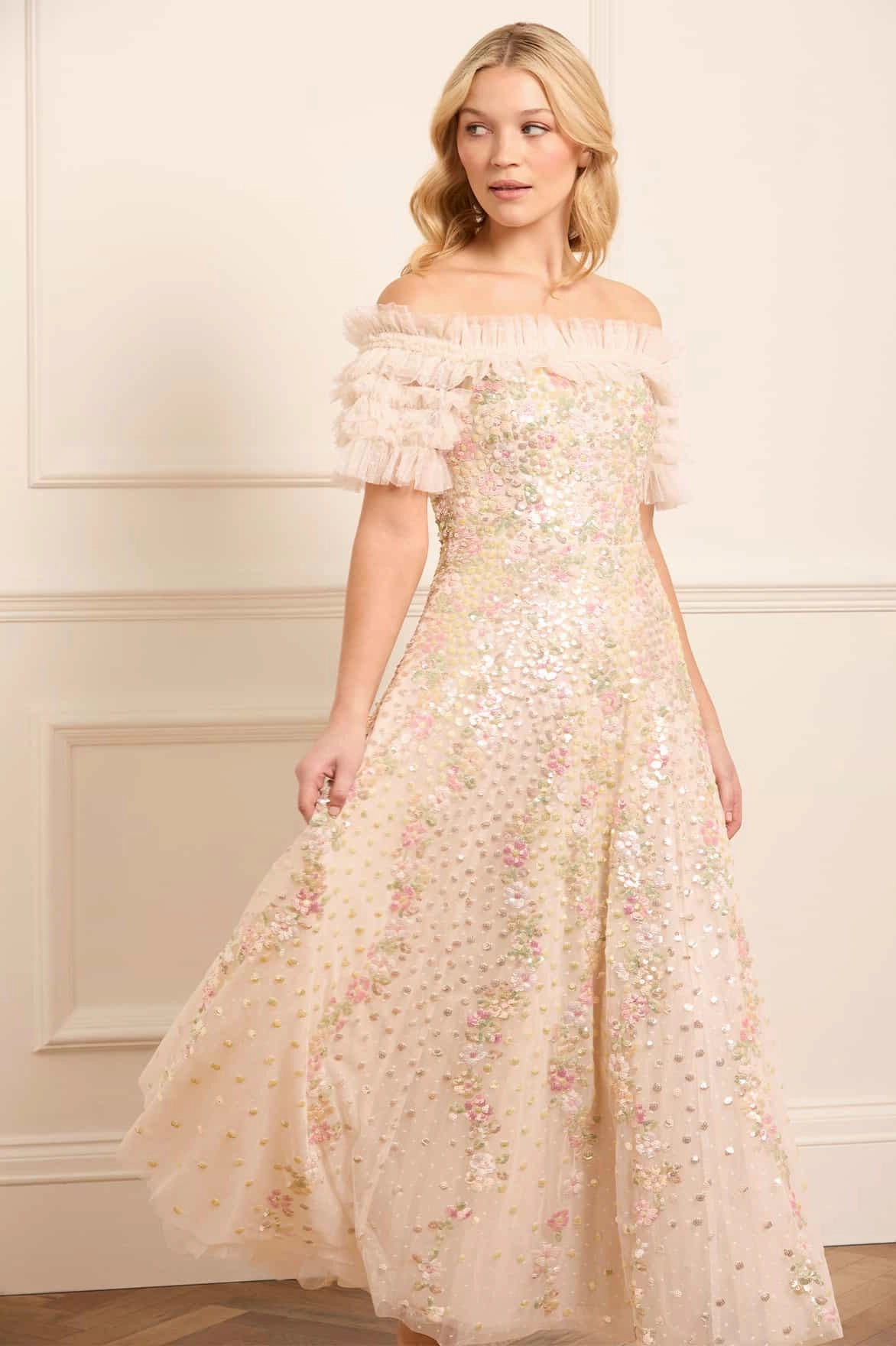 Fit Clean Confetti Ruffle Off-Shoulder Ankle Gown