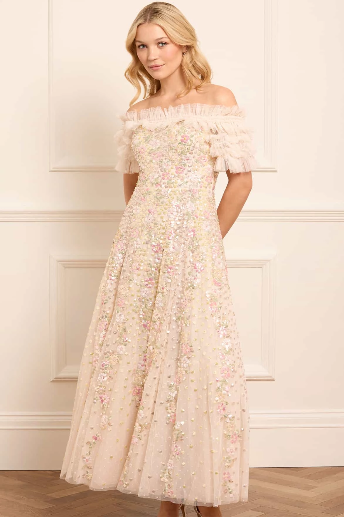 Confetti Ruffle Off-Shoulder Ankle Gown All-Occasion Look Essential Layer
