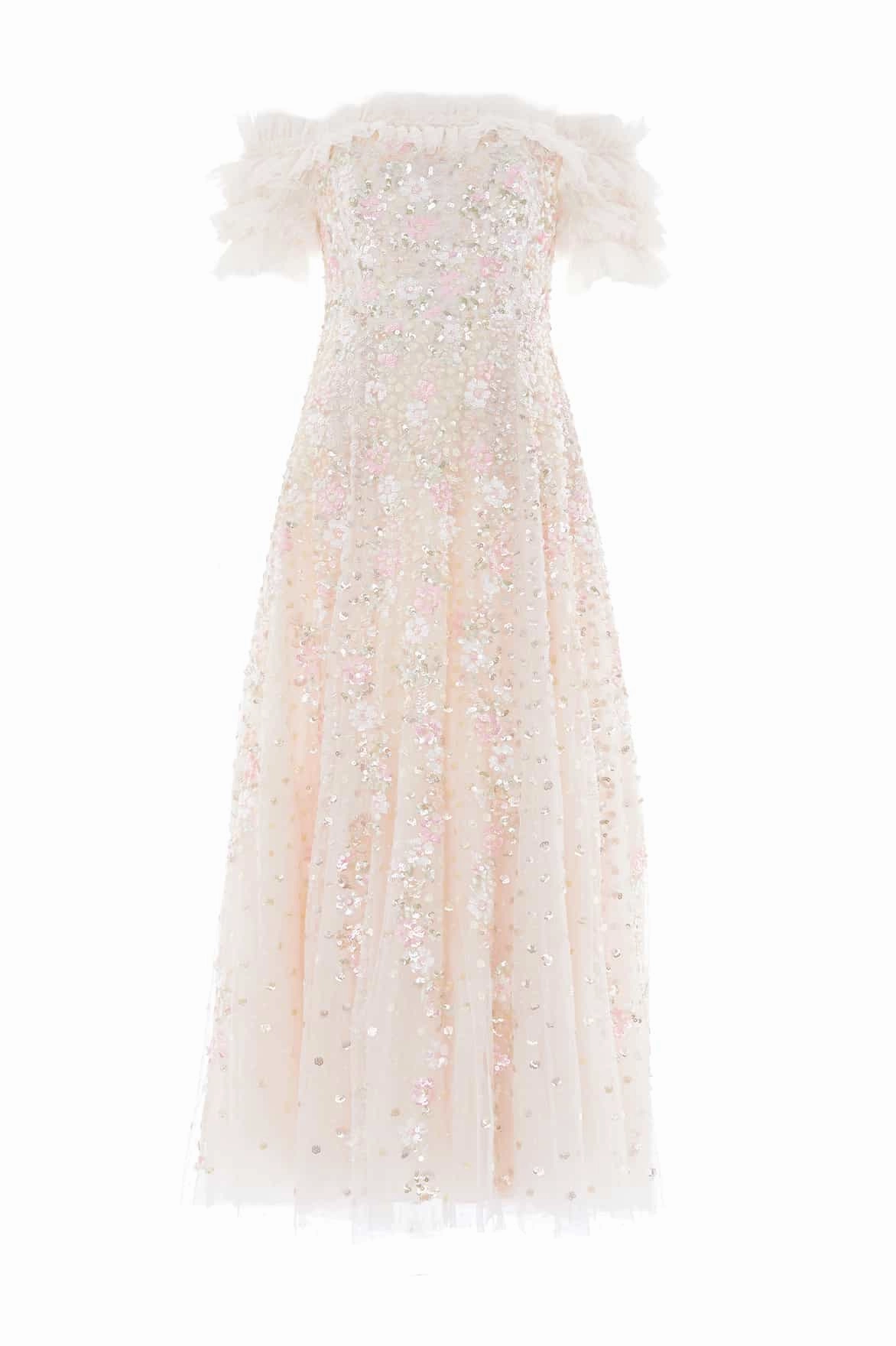 Beach Walk Confetti Ruffle Off-Shoulder Ankle Gown