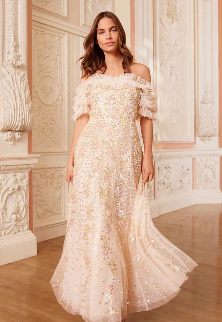 Vibe Style Tulle-Overlay Confetti Ruffle Off-Shoulder Ankle Gown