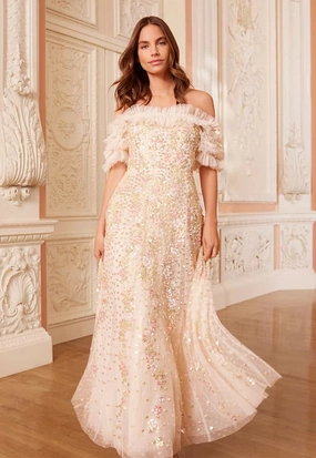 Vibe Style Tulle-Overlay Confetti Ruffle Off-Shoulder Ankle Gown