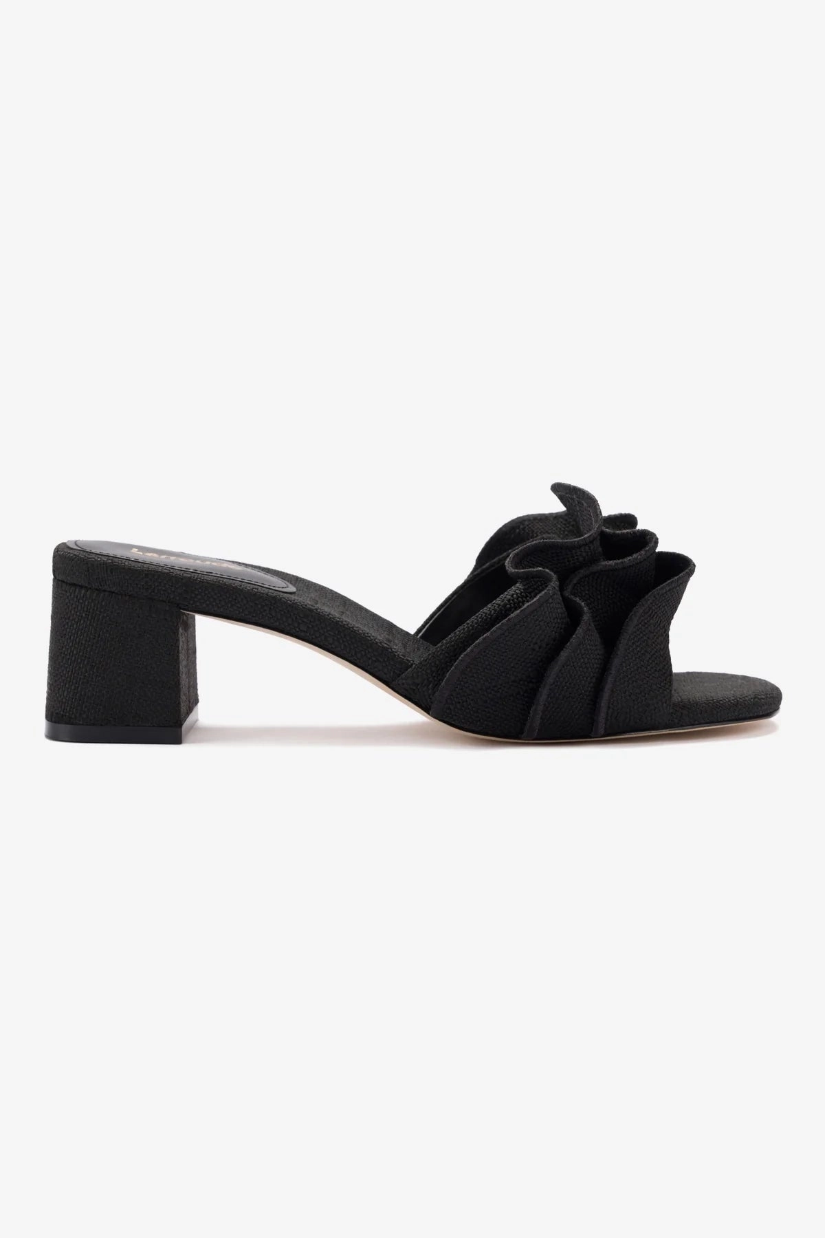 Zero Drop Platform Brigitte Ruffle Mule In Black Raffia