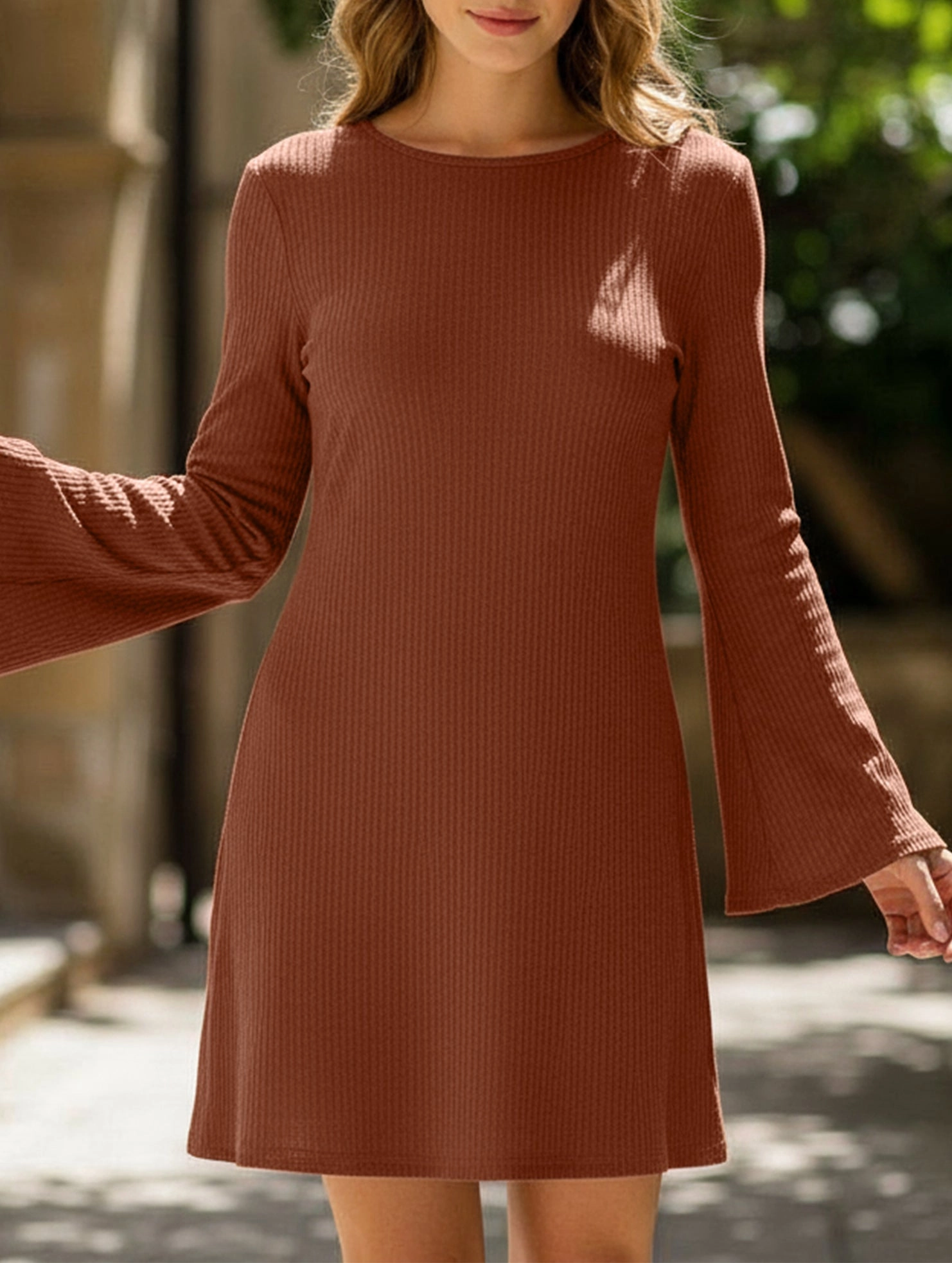 Basic Cool Brown Textured Open Back Bow Dress