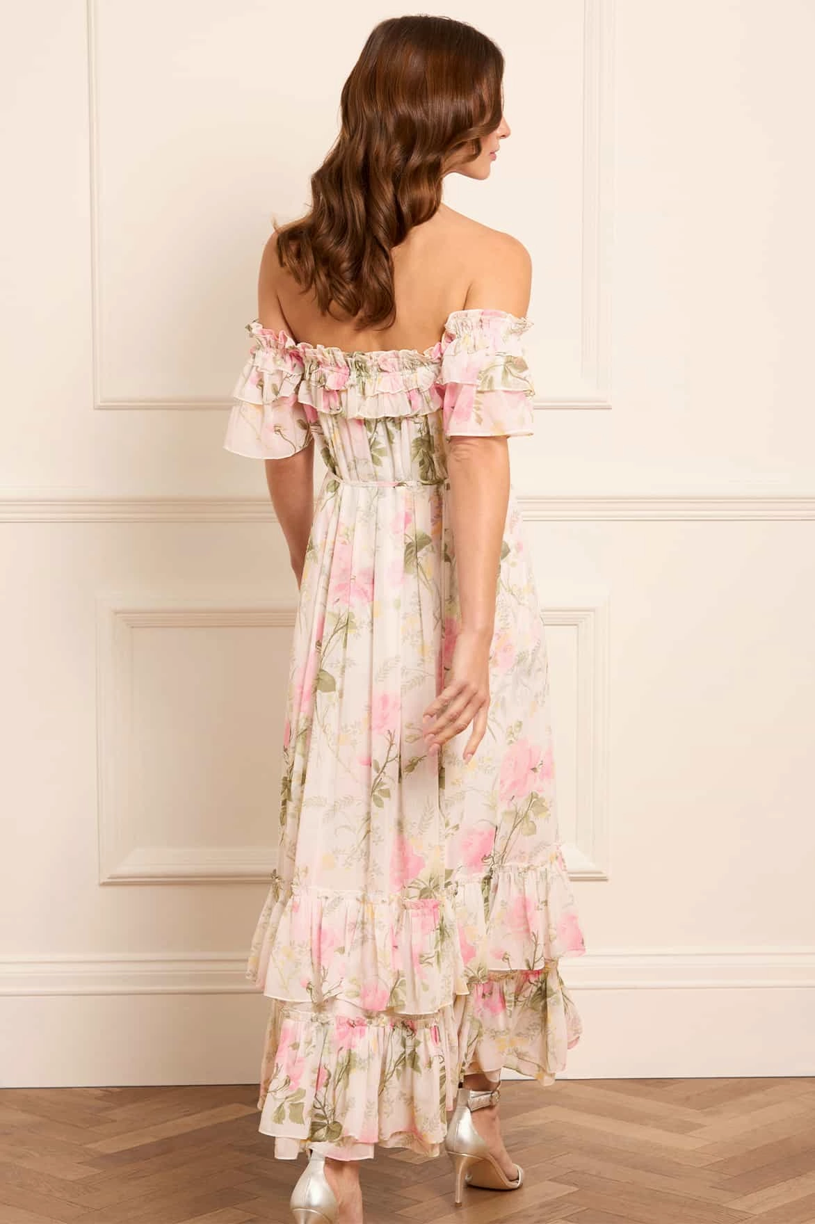 Daily Essential Velvet-Sleeve Rose Chiffon Off-Shoulder Ankle Gown