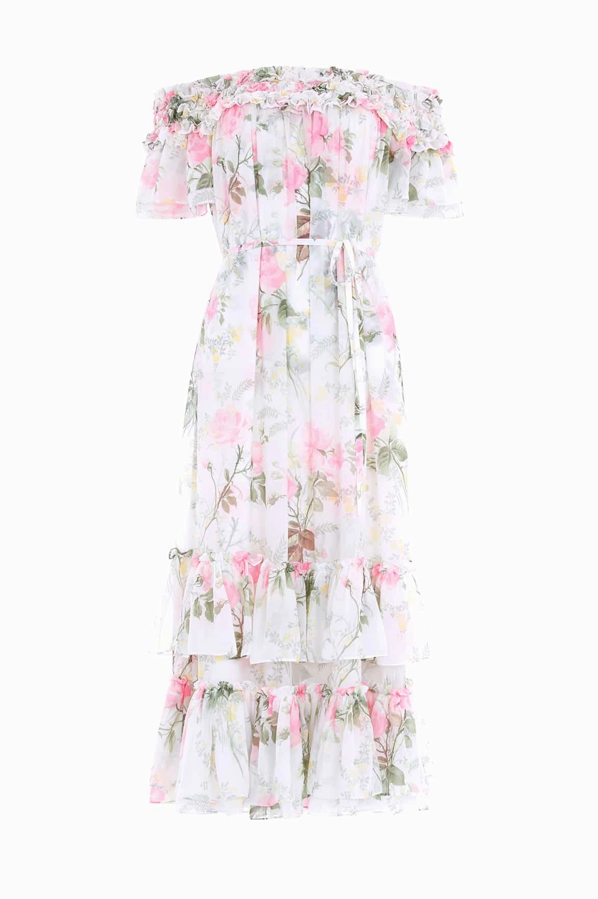 Rose Chiffon Off-Shoulder Ankle Gown Floral Pattern Street Casual