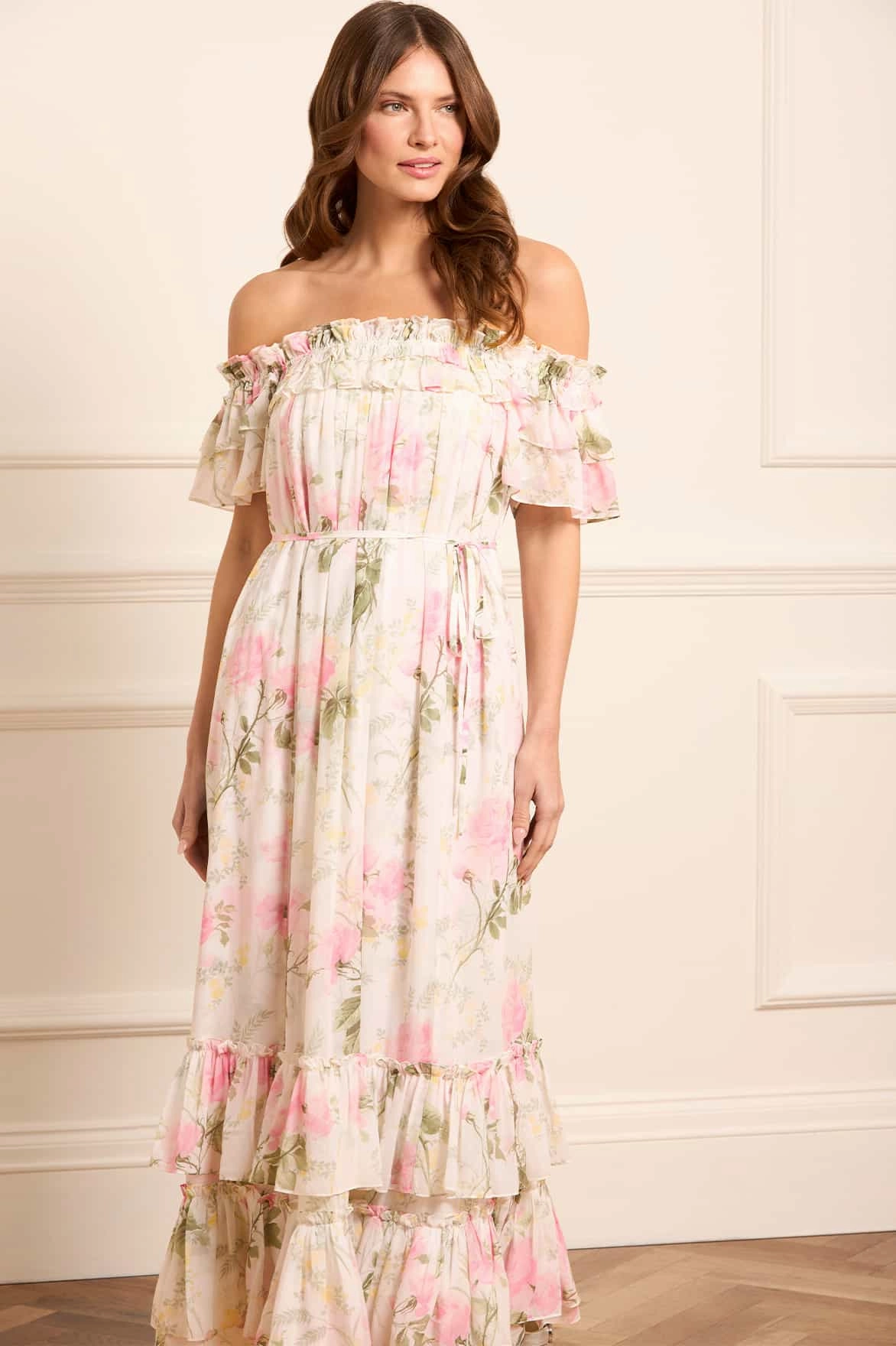 Elegant Vibe animal-print Rose Chiffon Off-Shoulder Ankle Gown