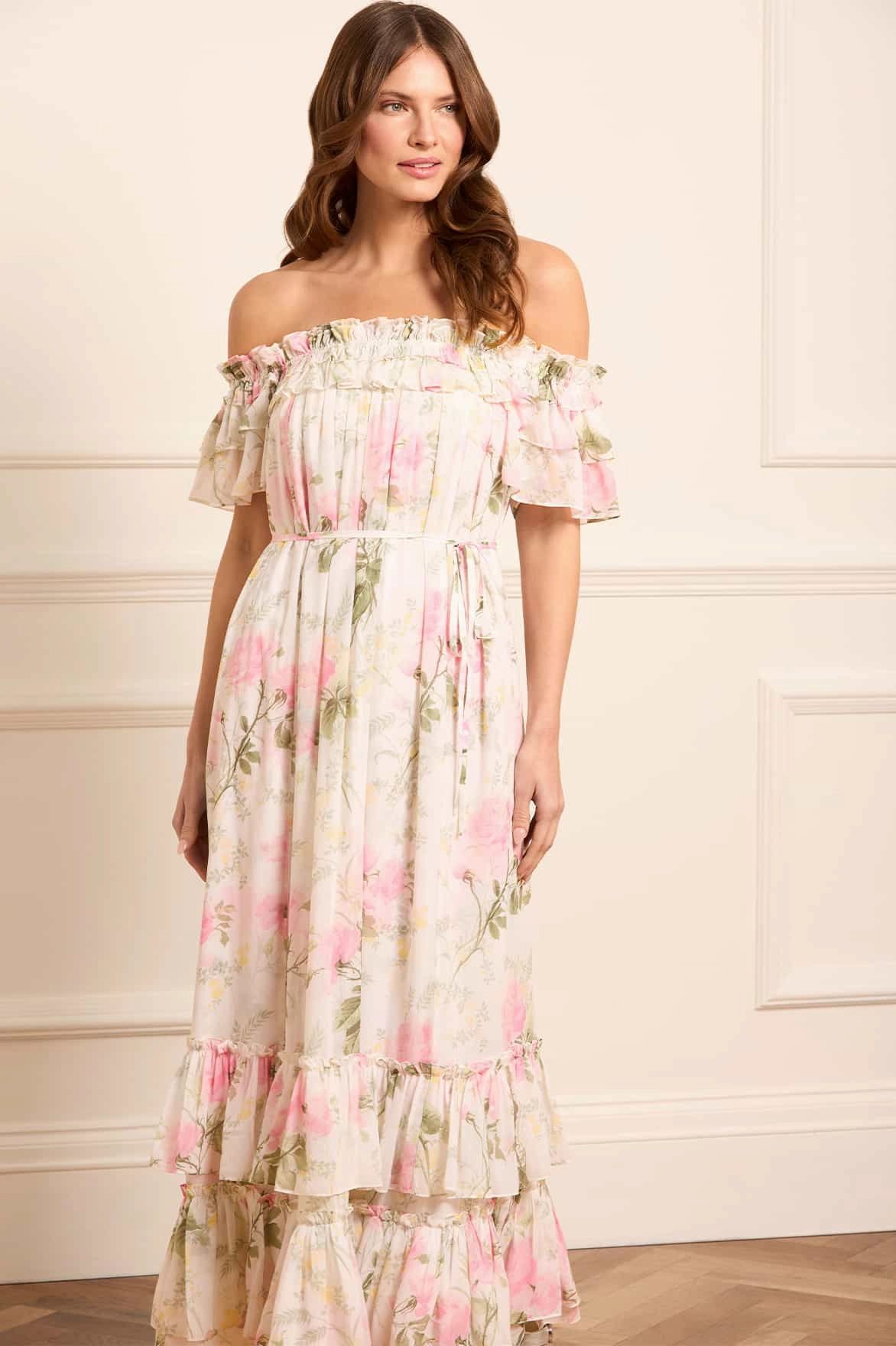 Rose Chiffon Off-Shoulder Ankle Gown Day Romance Dreamy Touch