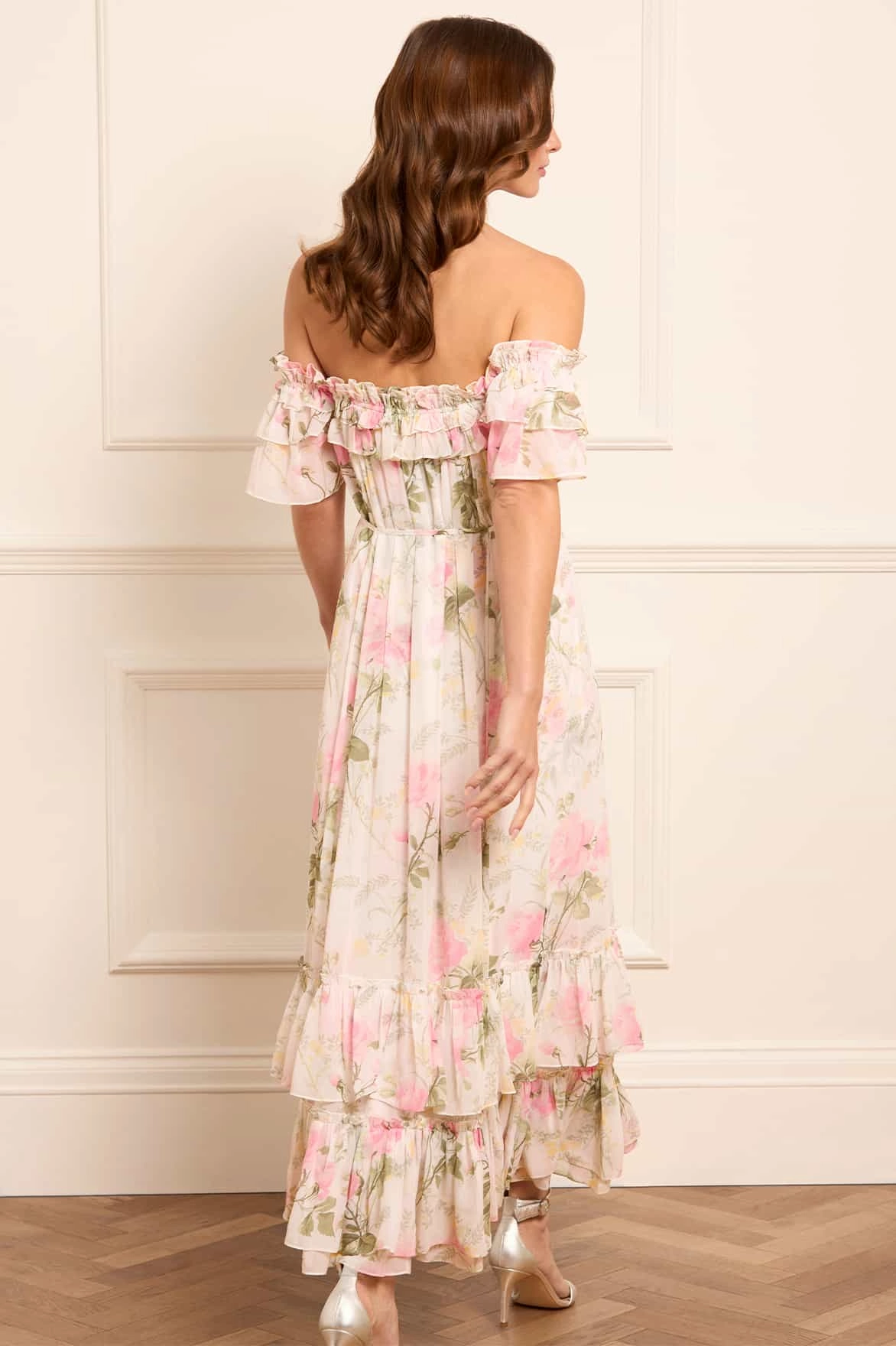 Breathable wear Rose Chiffon Off-Shoulder Ankle Gown