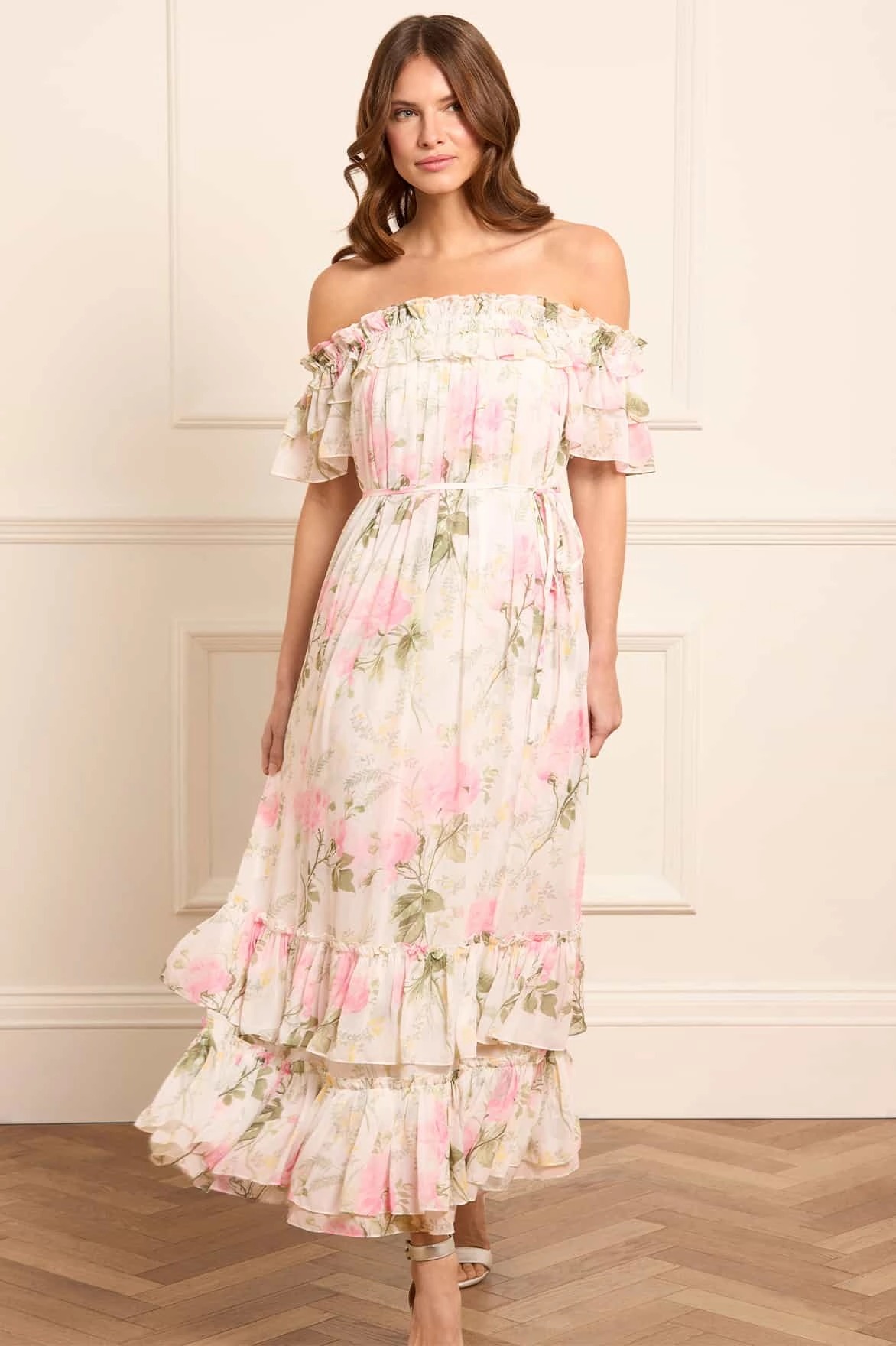 Rose Chiffon Off-Shoulder Ankle Gown Balanced Lines Timeless Style