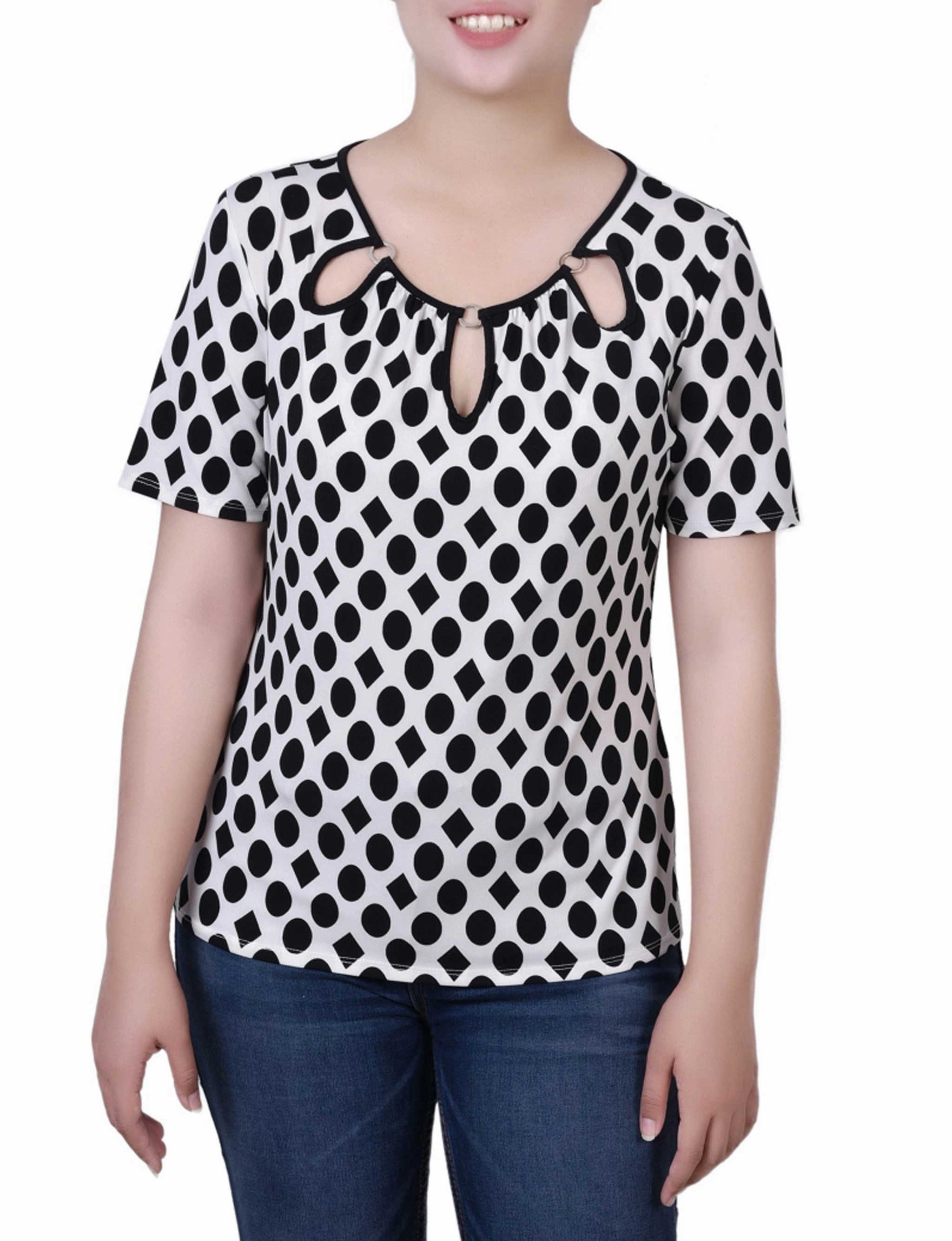 Thermoregulating Fabric Breathable mesh lining Petite Short Sleeve Top With Ring Details