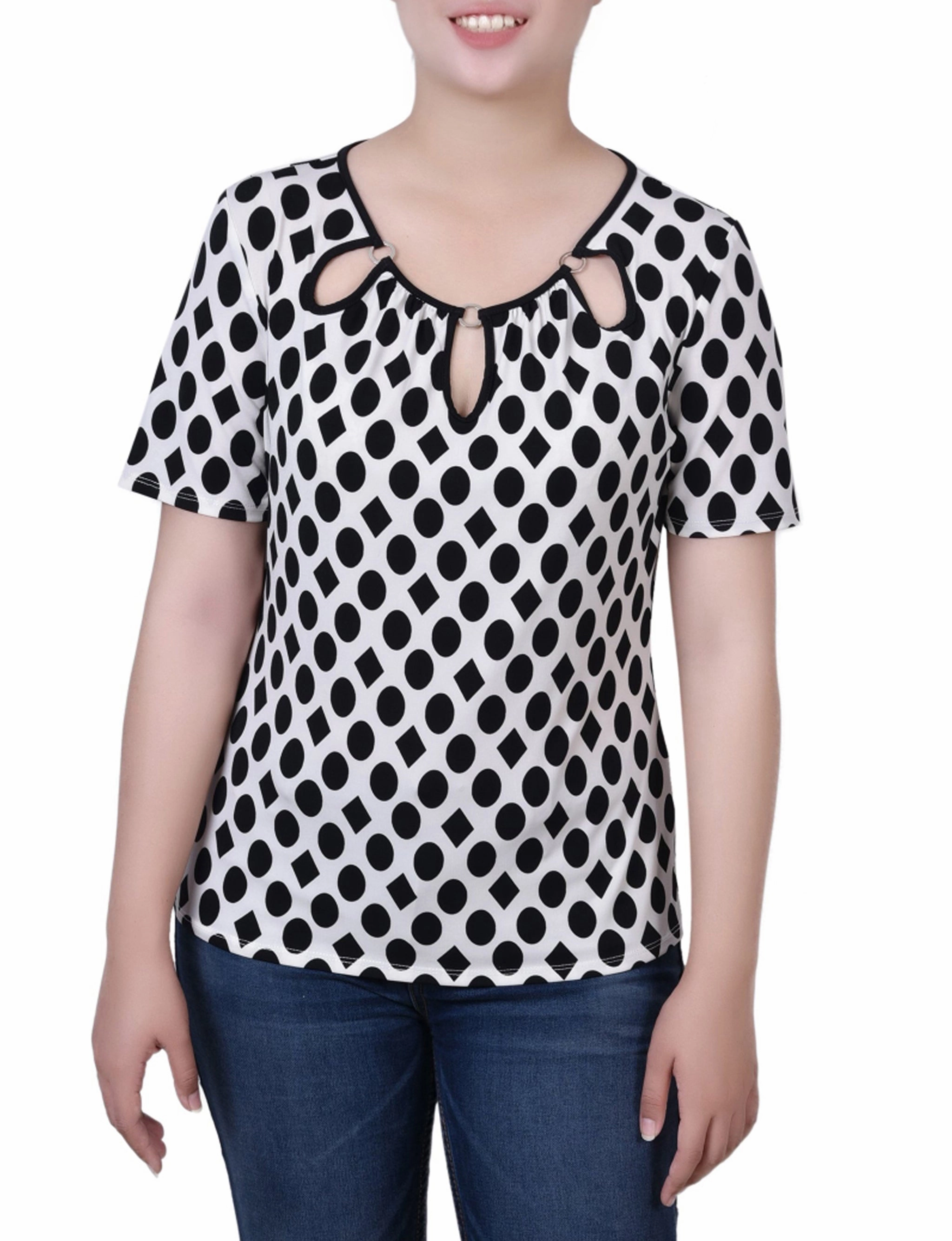 Petite Short Sleeve Top With Ring Details Biodegradable Fiber Composition Wicking Inner Lining