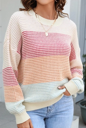 Long Sleeve Shirt Odor Resistant WOMEN WAFFLE KNITTED COLOR BLOCK OVERSIZED SWEATER