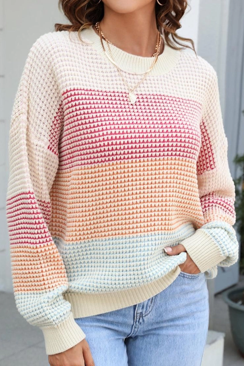 Long Sleeve Shirt Odor Resistant WOMEN WAFFLE KNITTED COLOR BLOCK OVERSIZED SWEATER