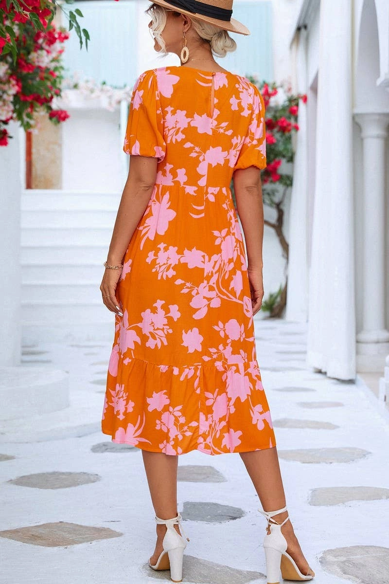 BUBBLE SLEEVE PRINTED DRESS_CWDSD2646 Minimal Details