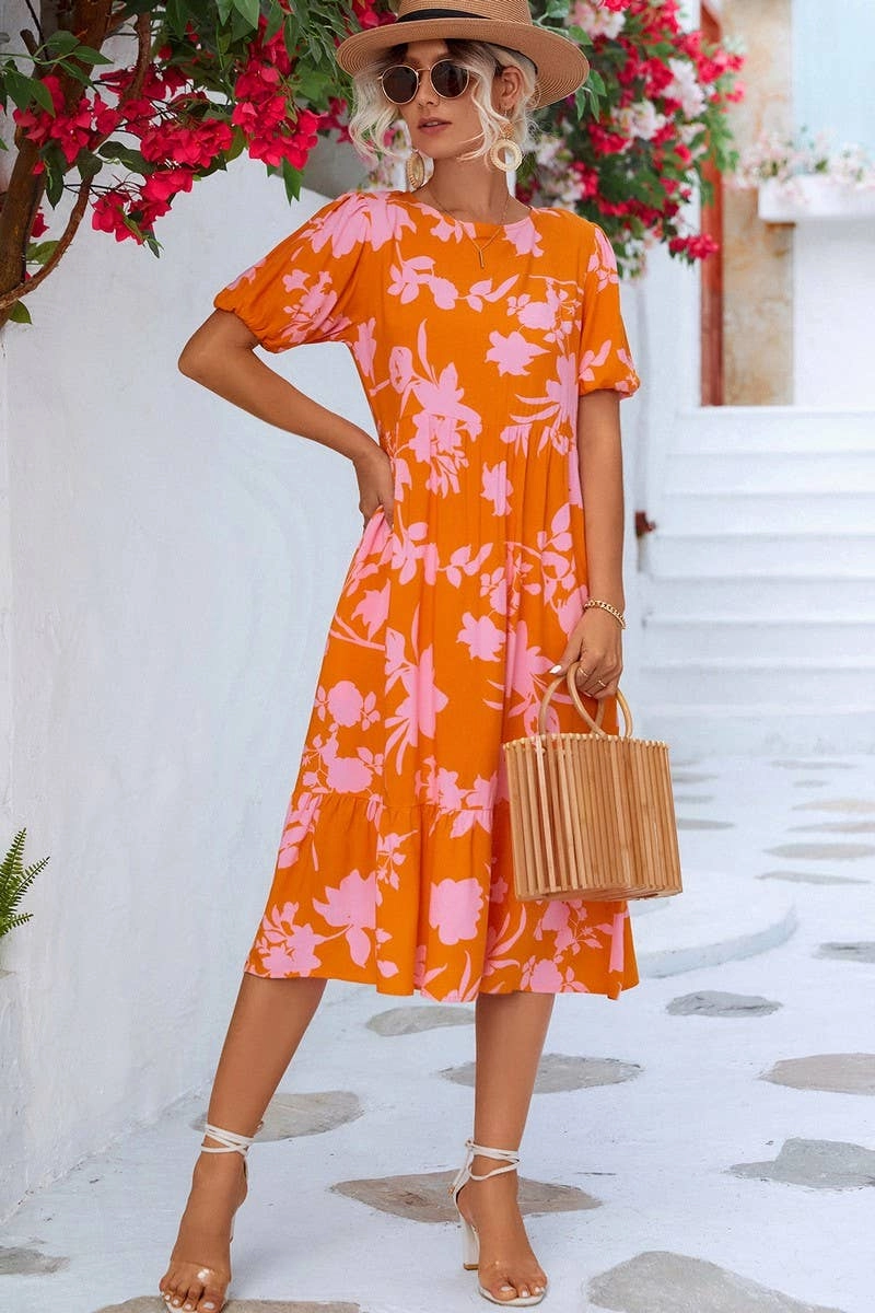 Lined interior Flower Grace BUBBLE SLEEVE PRINTED DRESS_CWDSD2646