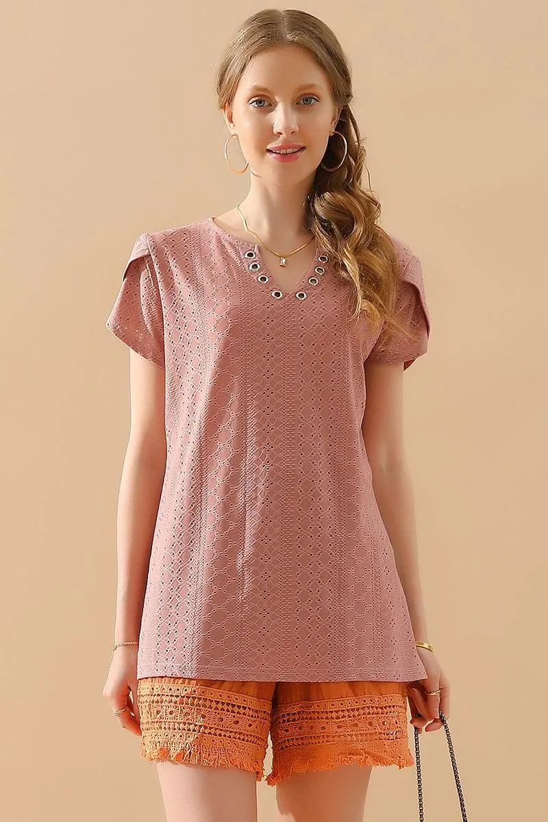 BUCKLED V NECK PUNCHING LACE TULIP SLEEVE TEE UV Protection Enhanced Sun Protective Fabric