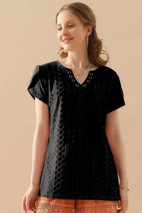 High Density Weave AntiPilling Surface BUCKLED V NECK PUNCHING LACE TULIP SLEEVE TEE