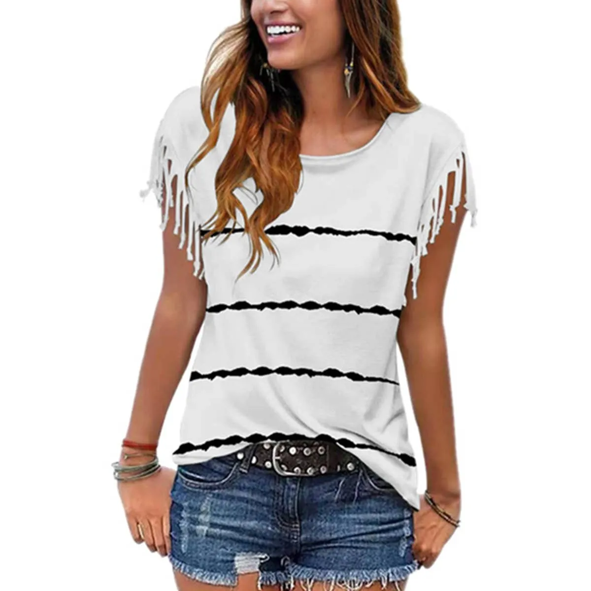 BURNT FLOWER FRINGE SHORT-SLEEVED BLOUSE_CWTBLSL0340 LayeredPanel standard fit