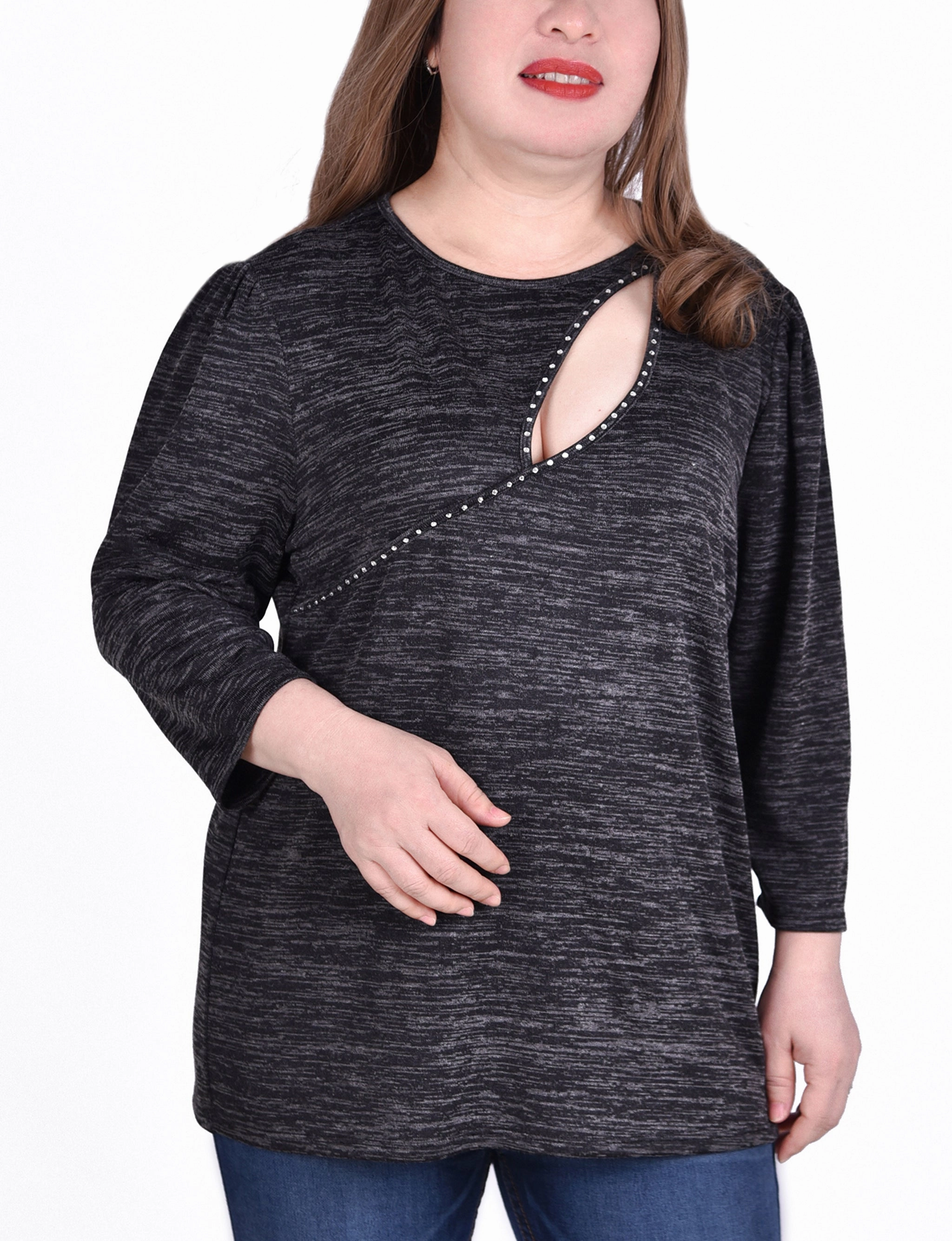 ReinforcedHems WideNeckline Plus Size 3/4 Sleeve Tunic Top With Front Cutout