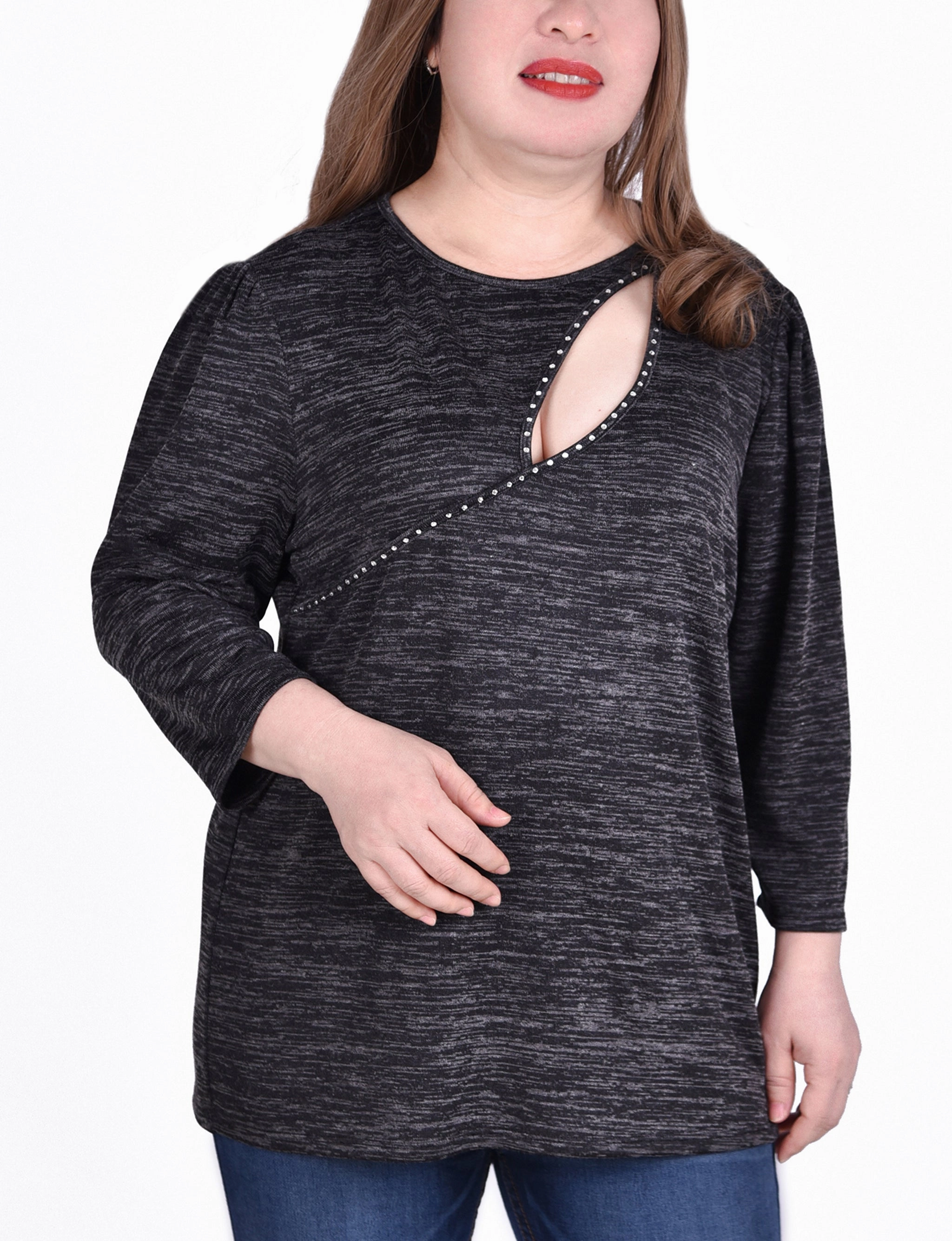 LowProfileZipperSystem Comfortable Collar Plus Size 3/4 Sleeve Tunic Top With Front Cutout