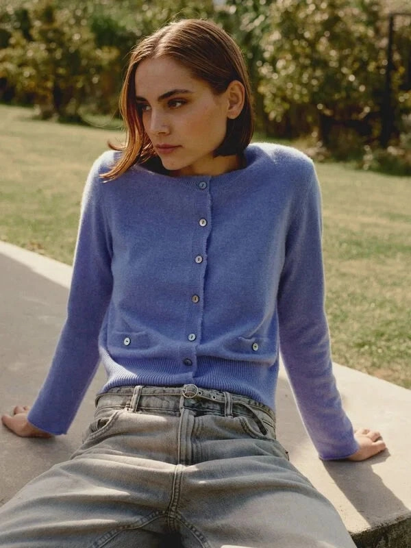 SeamlessDesign Glow In The Dark Accent Trim Round Neck Buttoned Cashmere Cardigan Iris