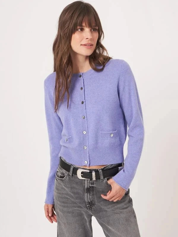 Round Neck Buttoned Cashmere Cardigan Iris Soft touch finish RecycledPolyester
