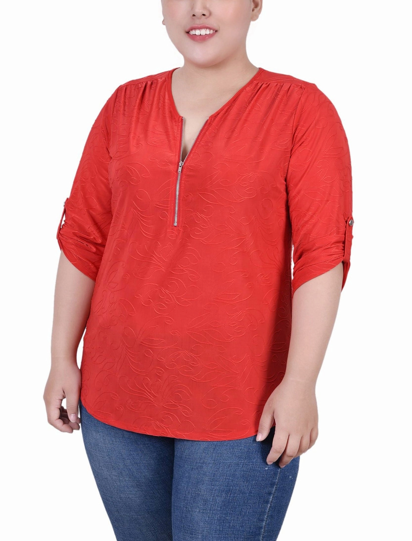 Easy Wear Soft Knit Plus Size 3/4 Roll Tab Zip Front Jacquard Knit Top