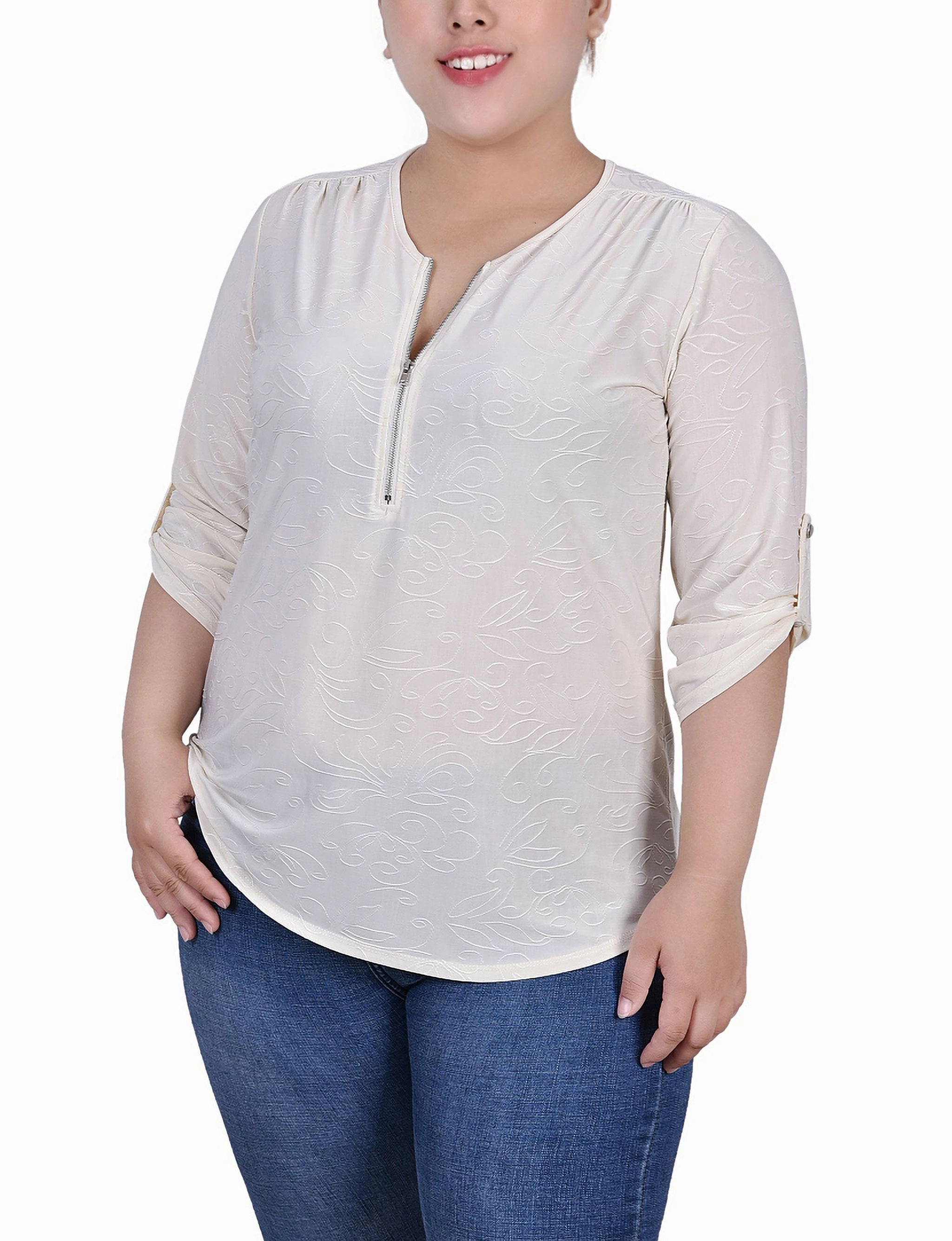 Plus Size 3/4 Roll Tab Zip Front Jacquard Knit Top WrinkleResistantTextile Double Chest Pocket
