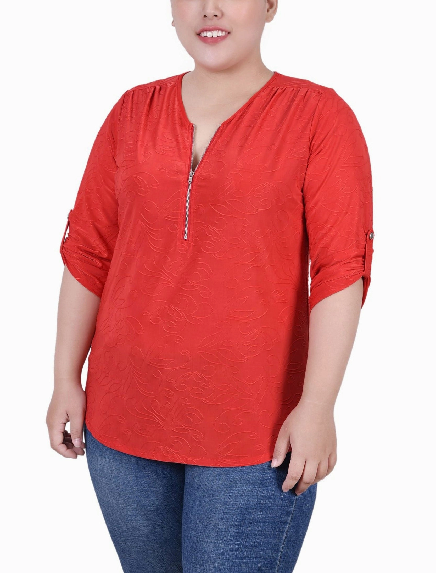 Breathable Microfiber Plus Size 3/4 Roll Tab Zip Front Jacquard Knit Top