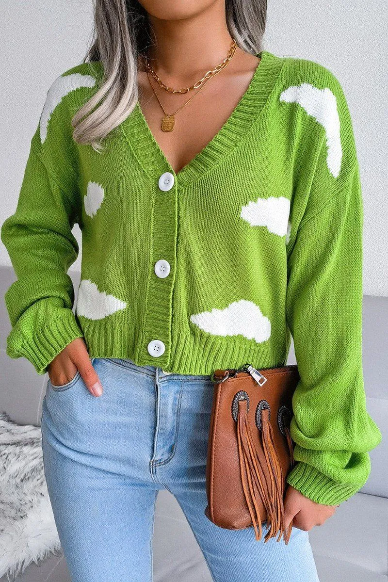BUTTON UP CLOUD PRINTING SHORT LENGTH CARDIGAN Printed top All Purpose Casual Cut