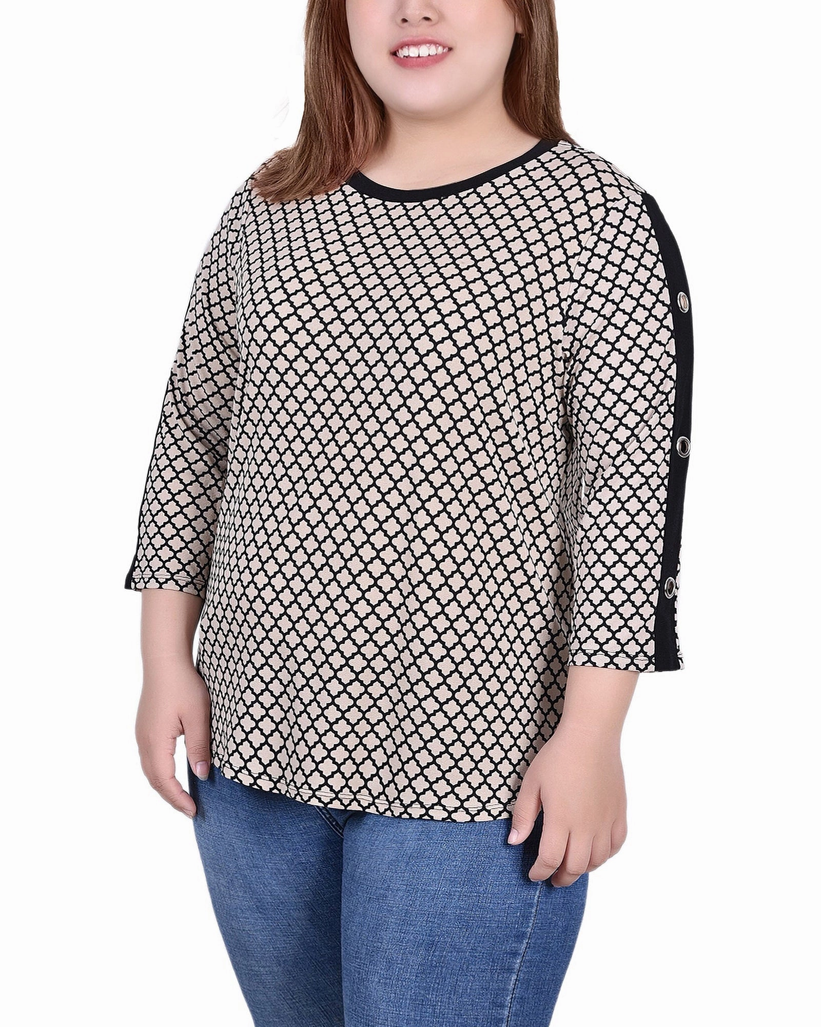 Plus Size 3/4 Sleeve Top With Combo Bands and Grommets EasyCareFabric Smooth Seam Transition