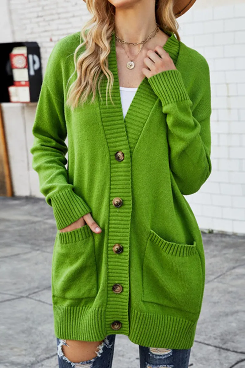 BUTTON CLOSURE RIBBED KNIT CARDIGAN WITH POCKETS StretchFit