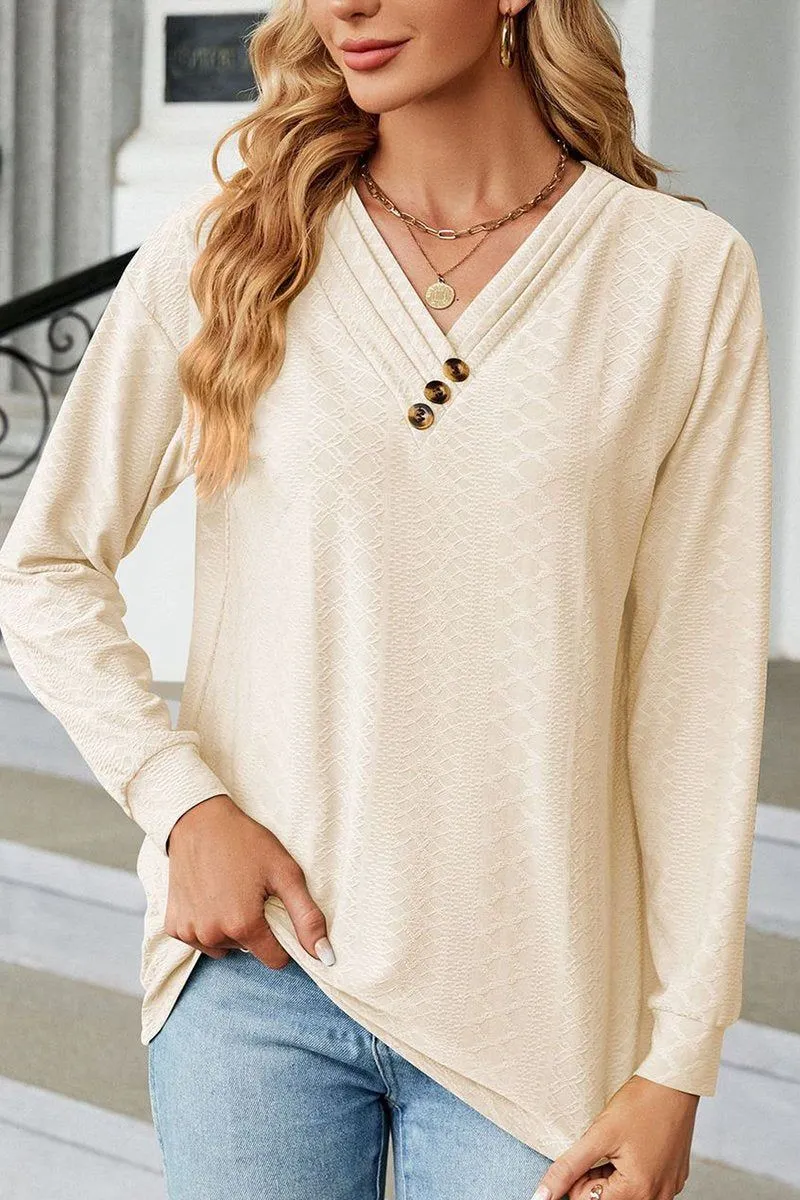 BUTTON DECKED V NECK PATTERN STITCHED BLOUSE Trendy Shirt