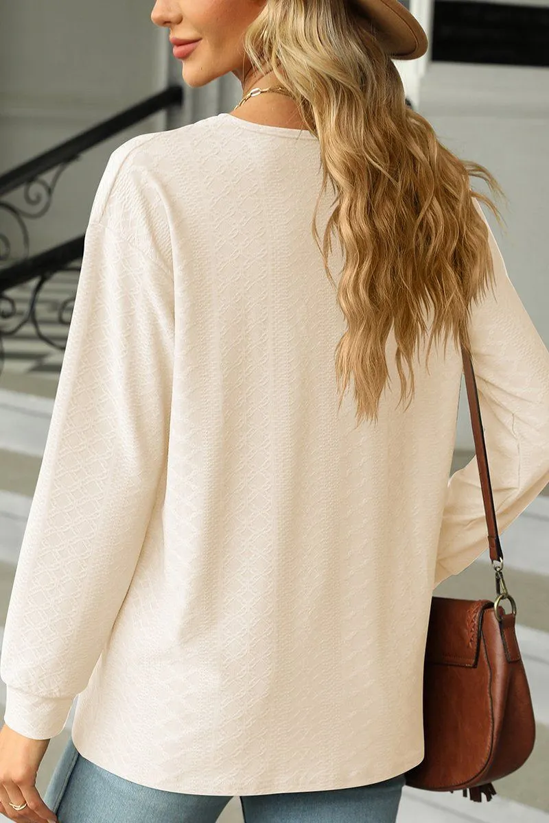 BUTTON DECKED V NECK PATTERN STITCHED BLOUSE MicrofiberTech