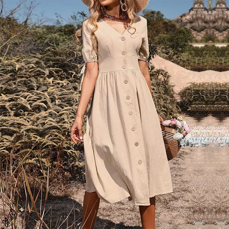 Silk Air BUTTON-DOWN COTTON AND LINEN V-NECK DRESS_CWDMD1653